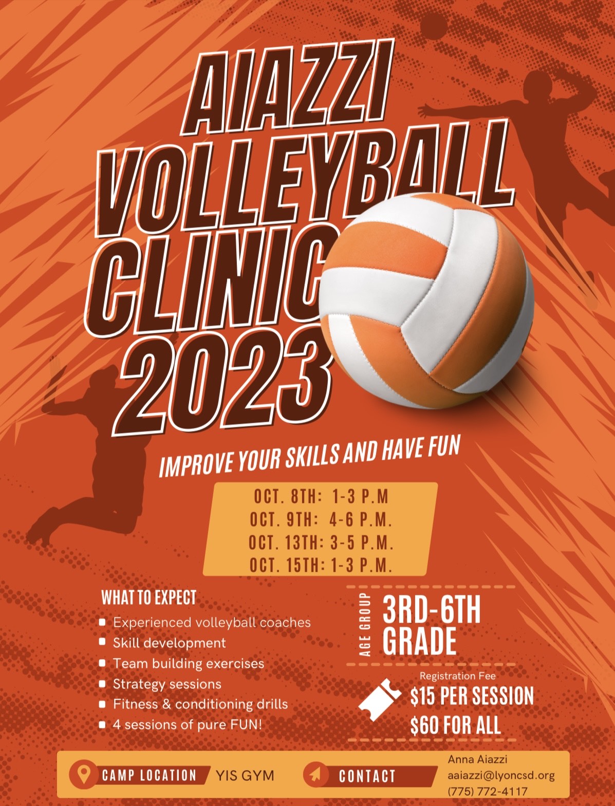 Aiazzi Volleyball Clinic 2023 October 13th & 15th for 3rd Through 6th