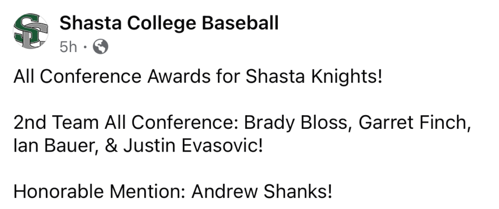 Justin Evasovic of Yerington Named 2nd Team All Conference for Shasta ...