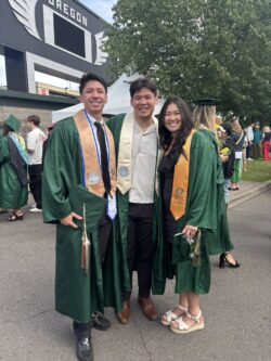 June 16, 2025: Today was a huge day for the Ow-Wing family! Will graduated from U of Oregon with a Bachelors degree in Business Administration specified in analytics . Since Walker did not get to formally walk for his graduation due to covid, he and Stella walked with Will! All three kids are now U of O alumni !