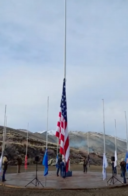 Flag raising Rosie's Place & Cantina 1.1.2026 American Flag surrounded by flags representing Nevada and all branches of the military.